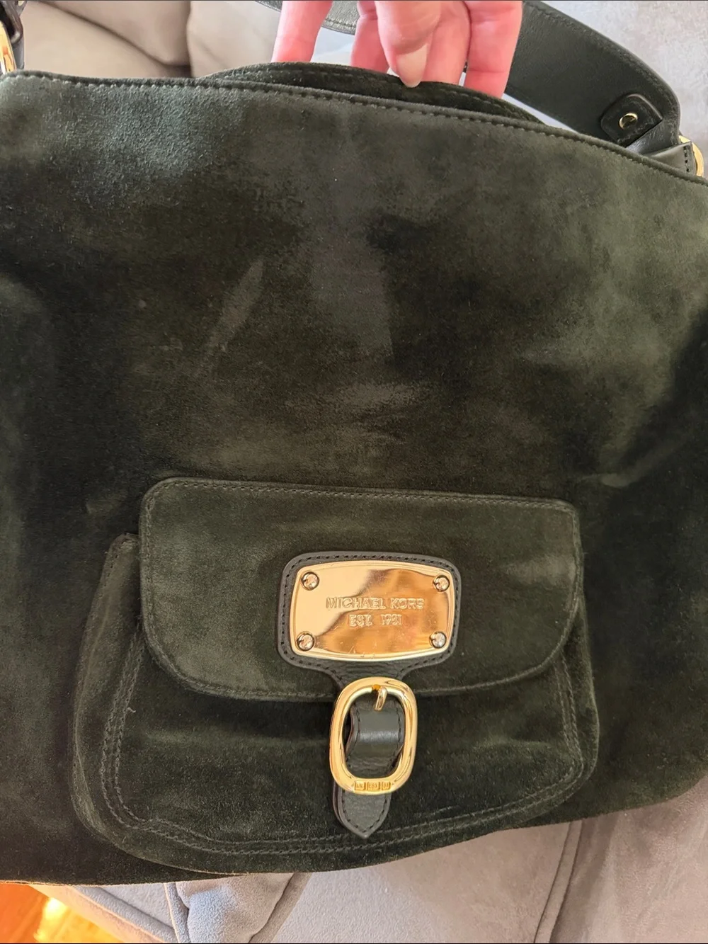 Michael Kors Forest Green Suede Hobo with Gold Hardware